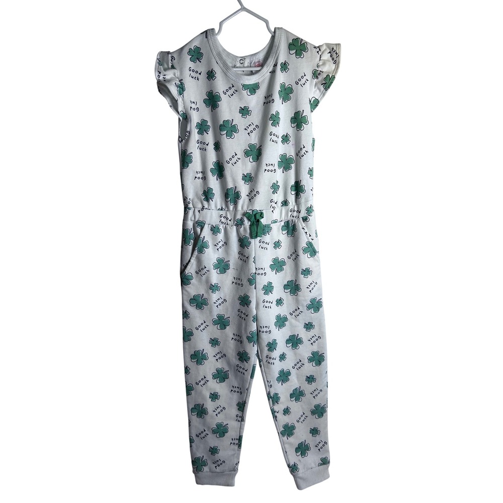 Wonder Nation Jumpsuit 5T White Green Shamrock Clover Good Luck Girls